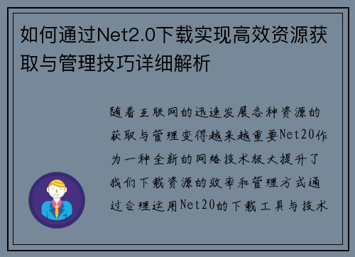 如何通过Net2.0下载实现高效资源获取与管理技巧详细解析